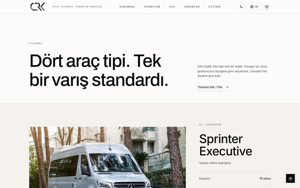 CRK Tourism Filomuz bölümü, masaüstü: "Dört araç tipi. Tek bir varış standardı." başlığı, Sprinter Executive aracının fotoğrafı ve kapasite bilgisi