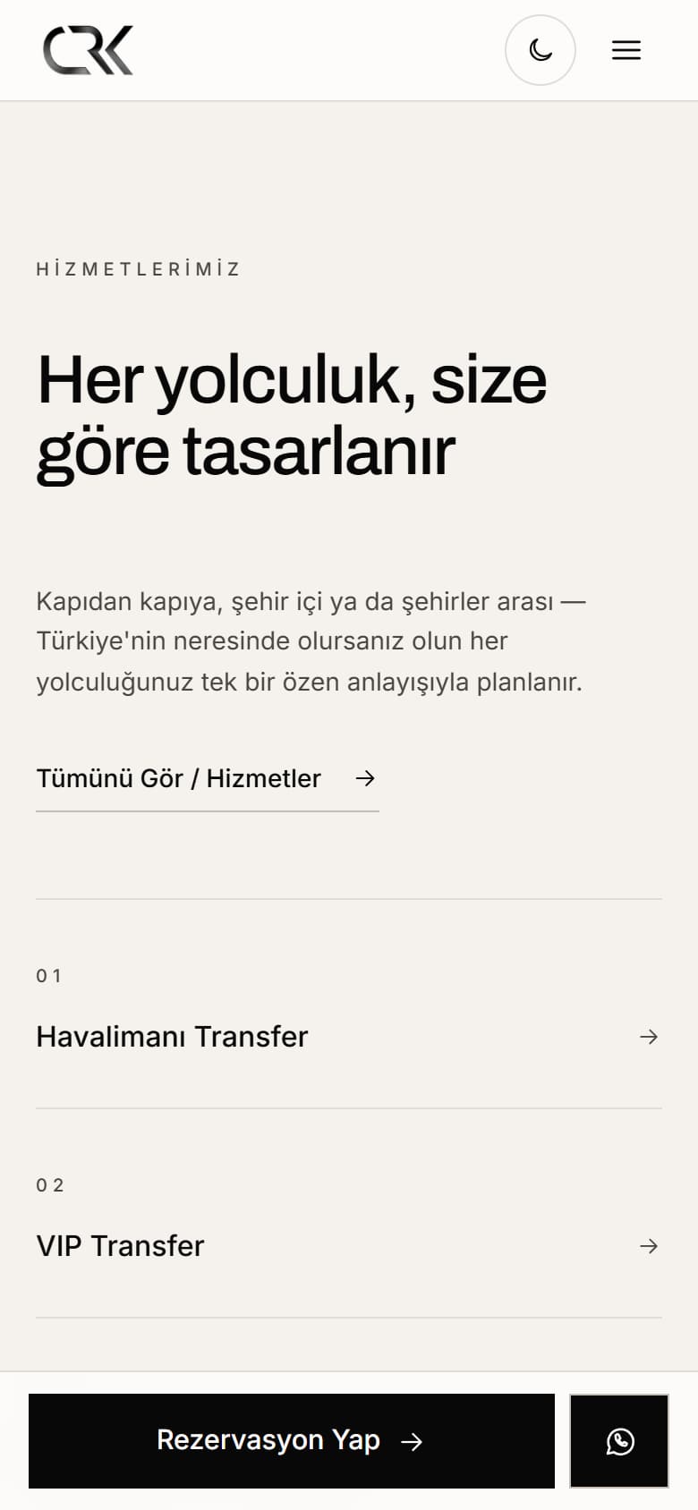 CRK Tourism Hizmetlerimiz bölümü, mobil: numaralı hizmet listesi ve ekranın altında sabit Rezervasyon Yap ile WhatsApp düğmeleri