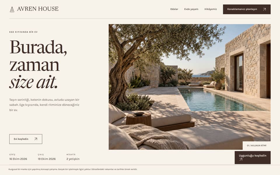 AVREN HOUSE, aVREN HOUSE web açılışı: Burada, zaman size ait başlığı, taş avlu ve havuz fotoğrafı, tarih seçimi ve rezervasyon çağrısı