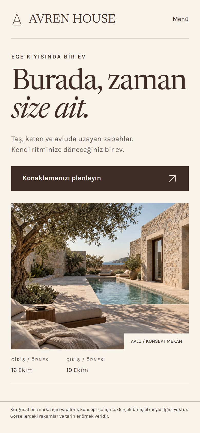 AVREN HOUSE, aVREN HOUSE mobil açılışı: serif başlık, konaklama planlama düğmesi ve avlu fotoğrafı