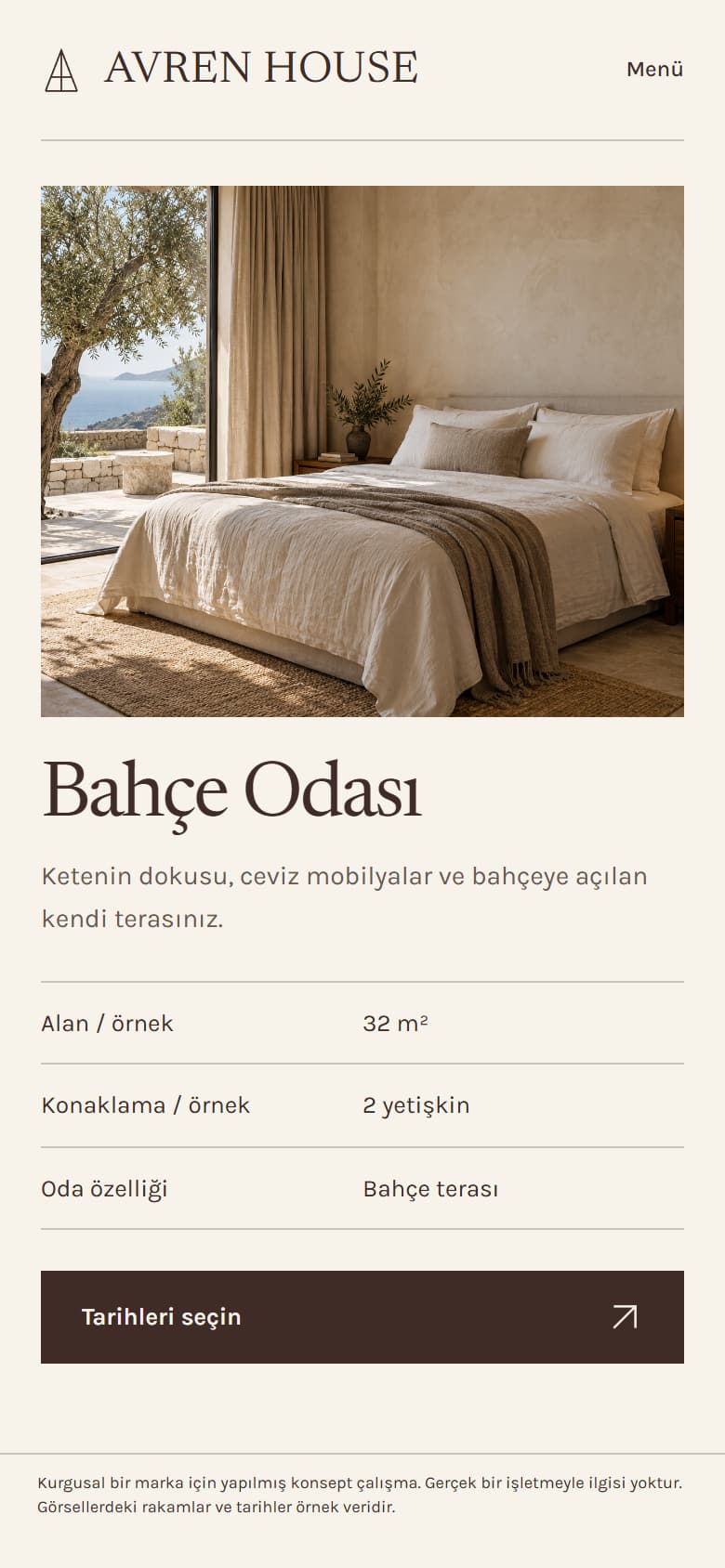 AVREN HOUSE, aVREN HOUSE mobil oda sayfası: keten yatak ve ceviz mobilyalı oda fotoğrafı, örnek alan ve kapasite bilgisi ve tarih seçimi