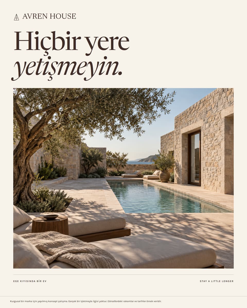 AVREN HOUSE, aVREN HOUSE sosyal gönderisi: Hiçbir yere yetişmeyin başlığı ve fotoğraf odaklı avlu kompozisyonu