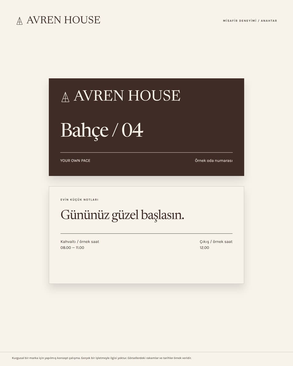 AVREN HOUSE, aVREN HOUSE misafir anahtar kartları: ceviz tonlu ön yüz, örnek oda numarası ve açık arka yüzde örnek kahvaltı ve çıkış bilgisi