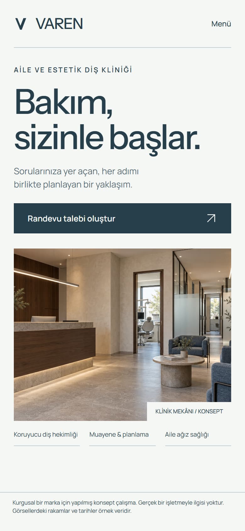 VAREN, vAREN mobil açılışı: kısa bakım başlığı, randevu talebi çağrısı ve klinik mekânı fotoğrafı
