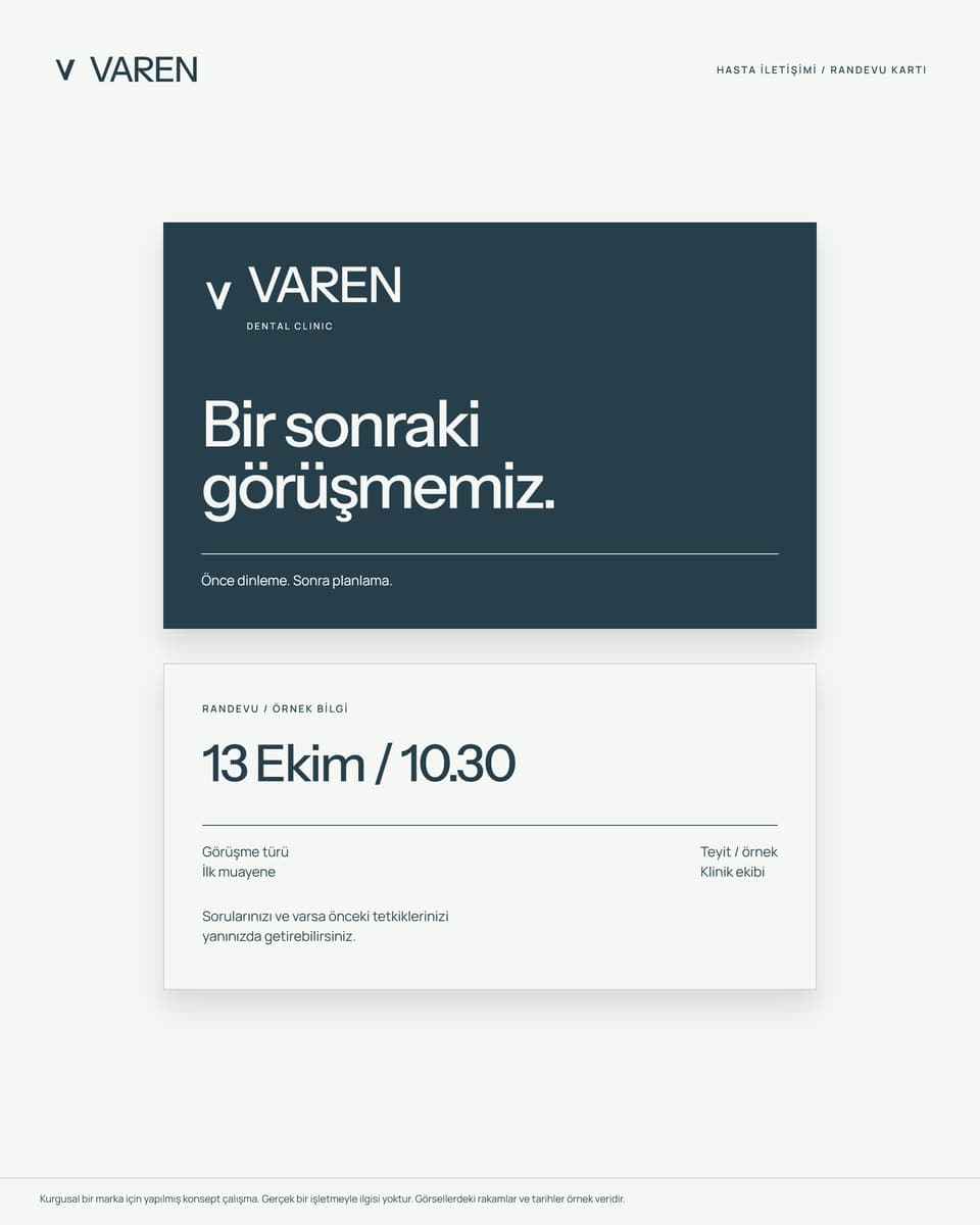 VAREN, vAREN görüşme kartları: koyu ön yüzde V monogramı, açık arka yüzde örnek randevu tarihi, saati ve hazırlık notu