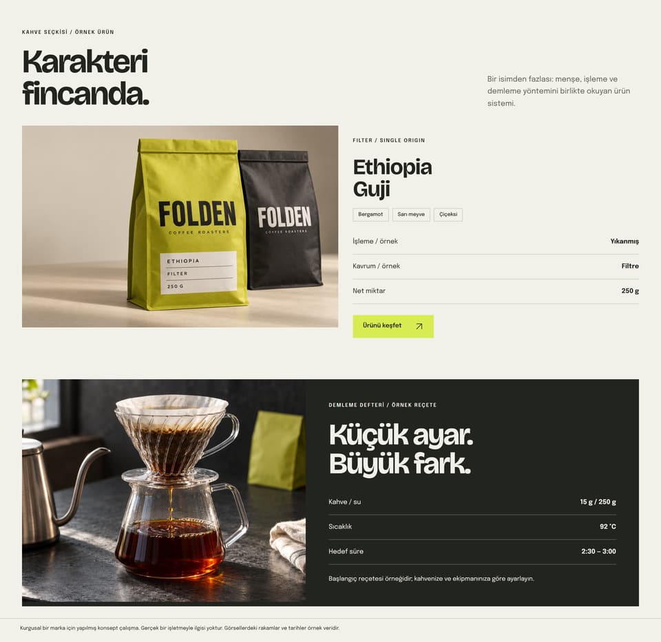 FOLDEN, fOLDEN ürün seçkisi: Ethiopia Guji örnek ürün bilgileri ve cam dripper fotoğrafıyla örnek demleme reçetesi