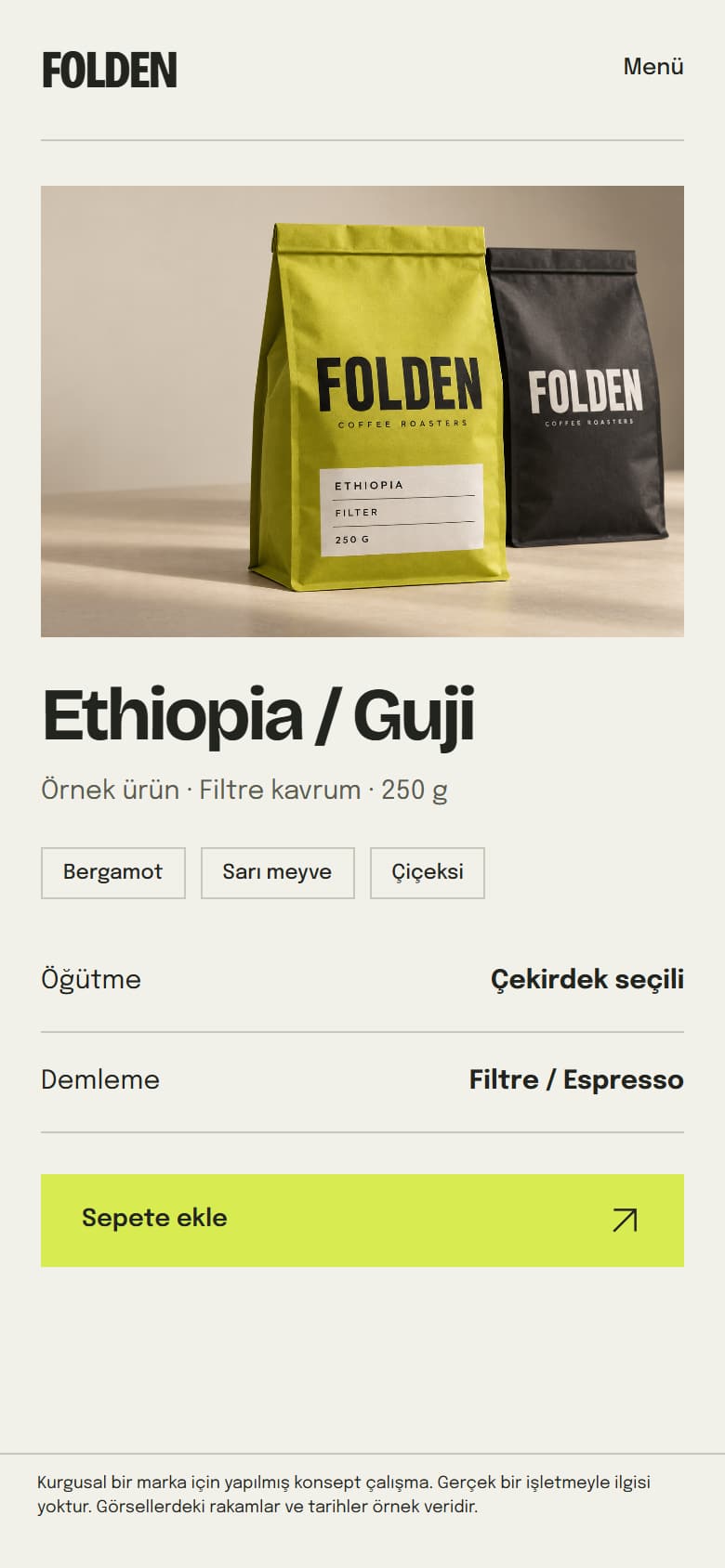 FOLDEN, fOLDEN mobil ürün ekranı: örnek Ethiopia Guji kahvesi, tadım notları, öğütme ve demleme seçimi, sepete ekleme çağrısı