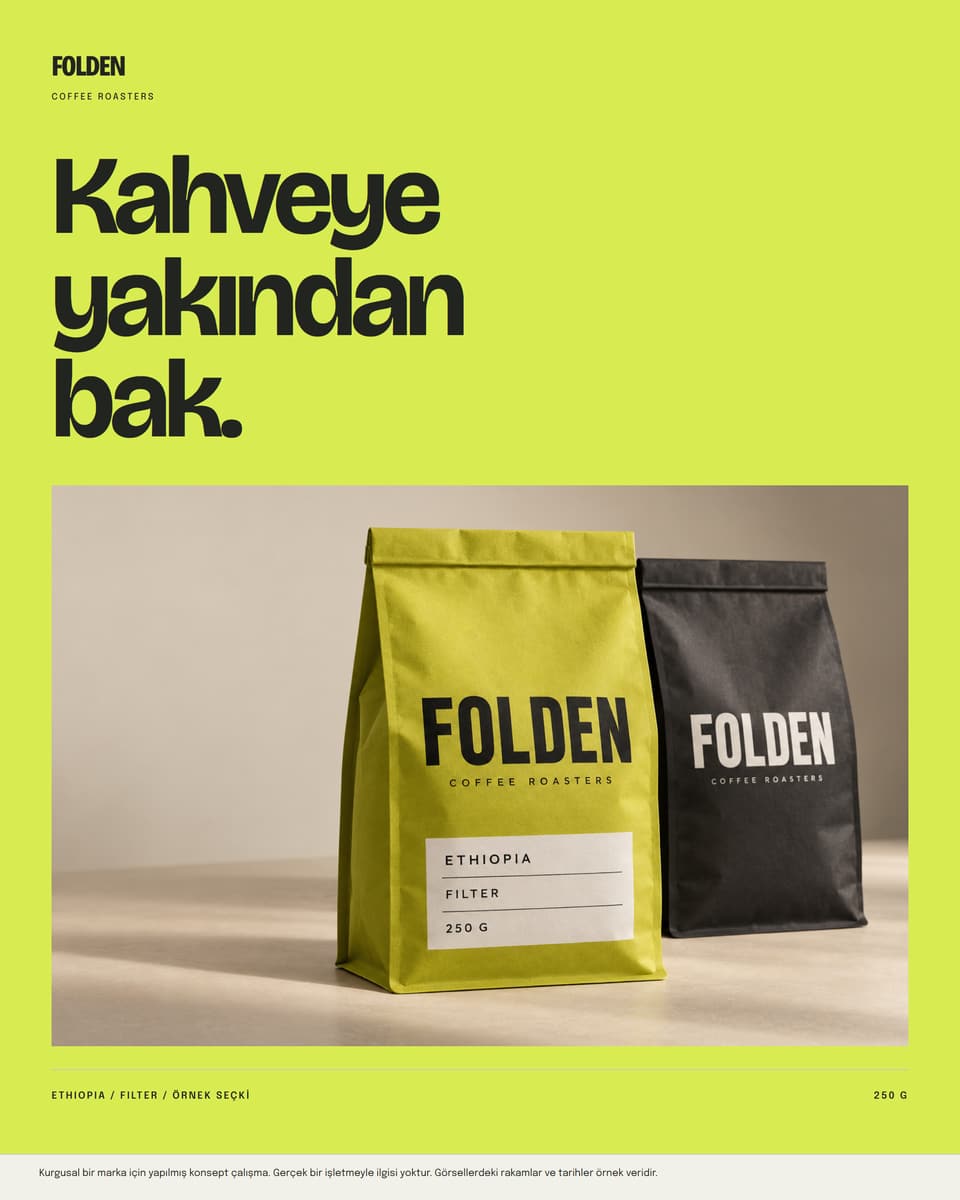 FOLDEN, fOLDEN sosyal gönderisi: Kahveye yakından bak başlığı ve fotoğraf odaklı ambalaj kompozisyonu