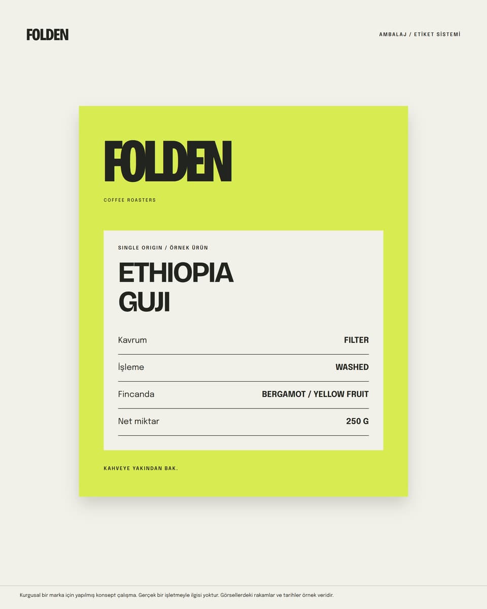 FOLDEN, fOLDEN ambalaj etiketi: kelime markası ve örnek Ethiopia Guji menşei, filtre kavrumu, işleme, tadım notları ve 250 g bilgisi
